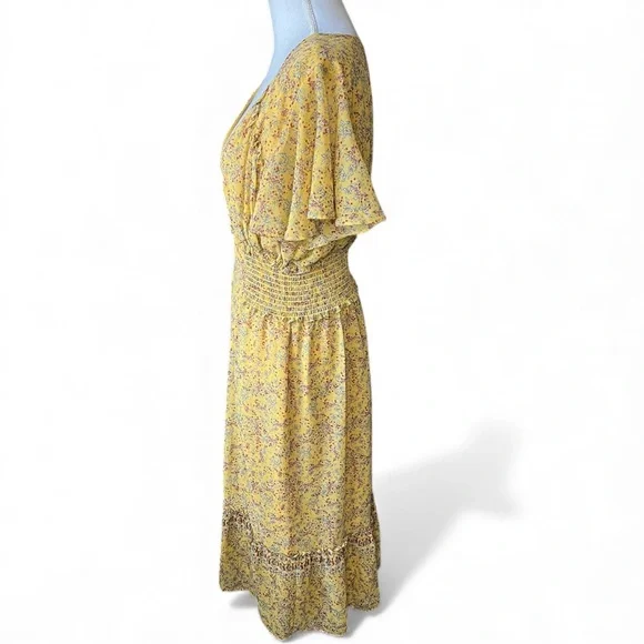 Max Studio Yellow Floral Midi Dress flutter sleeve feminine cottagecore XL - Picture 5 of 9